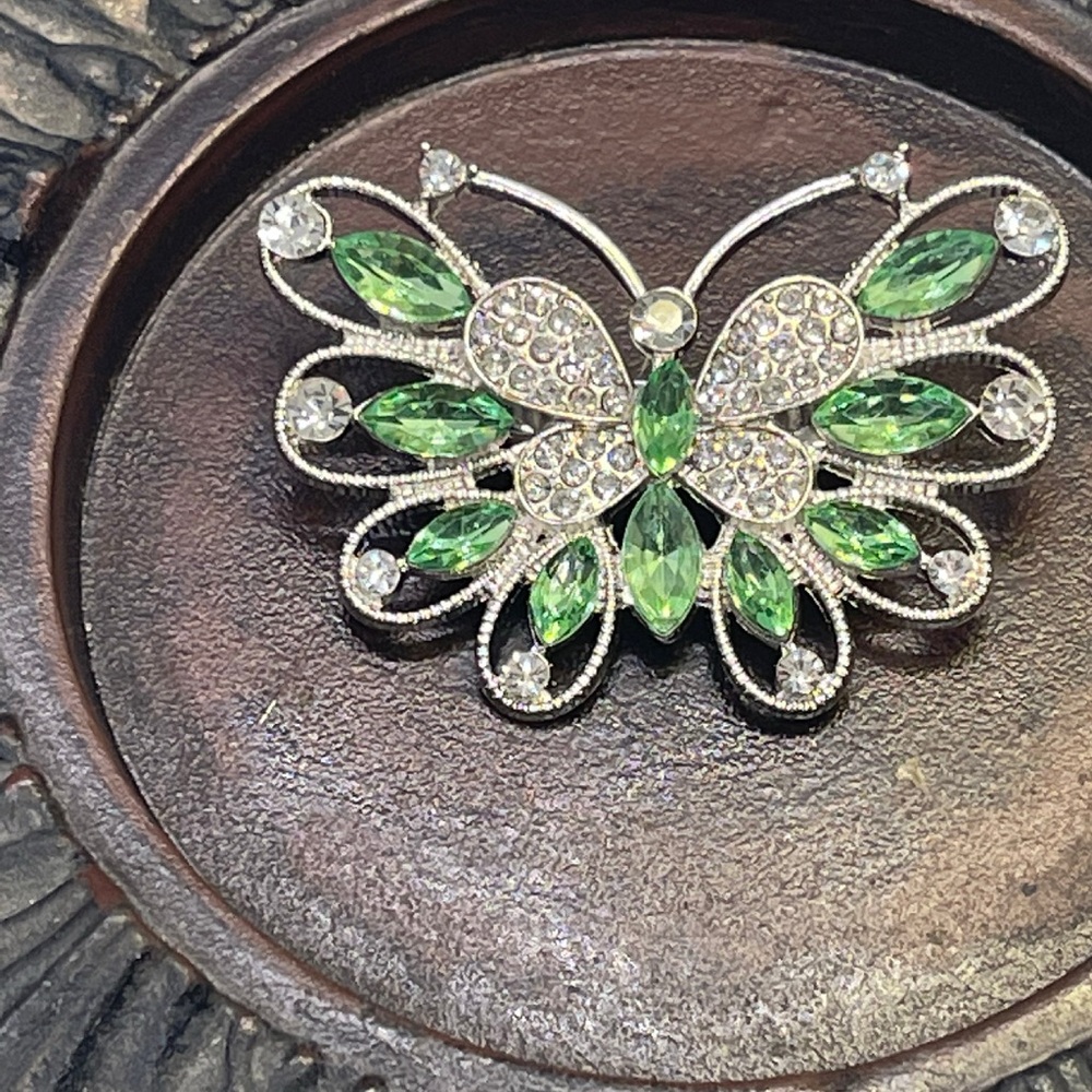 Elegant Green and Silver Butterfly Brooch